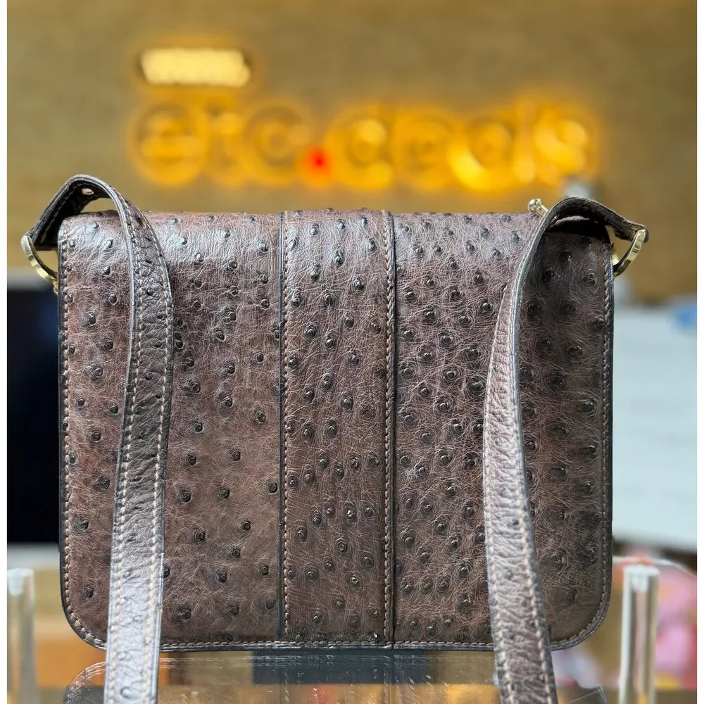 Balenciaga Brown Ostrich Leather Vintage Shoulder Crossbody Bag Gold BB Hardware